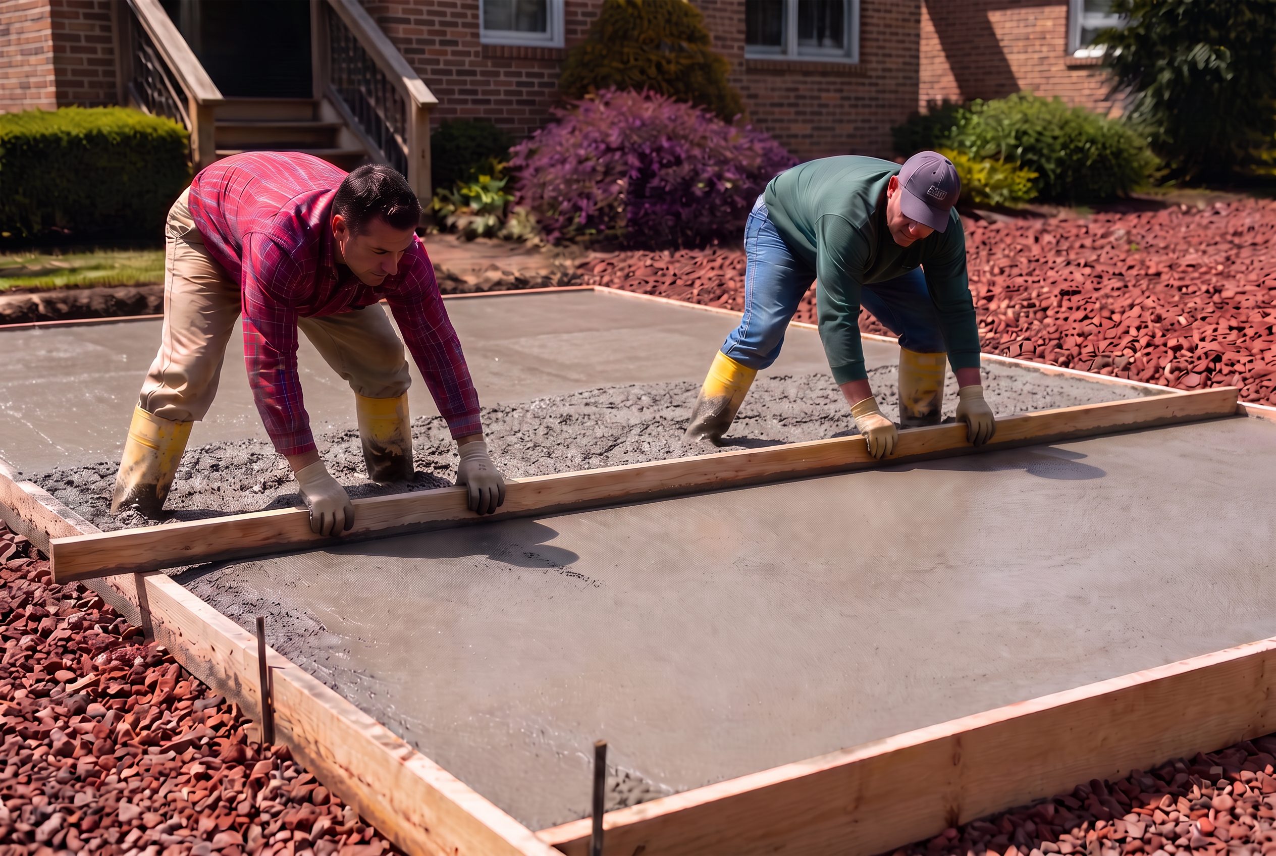 Concrete finisher smoothing a fresh driveway pour